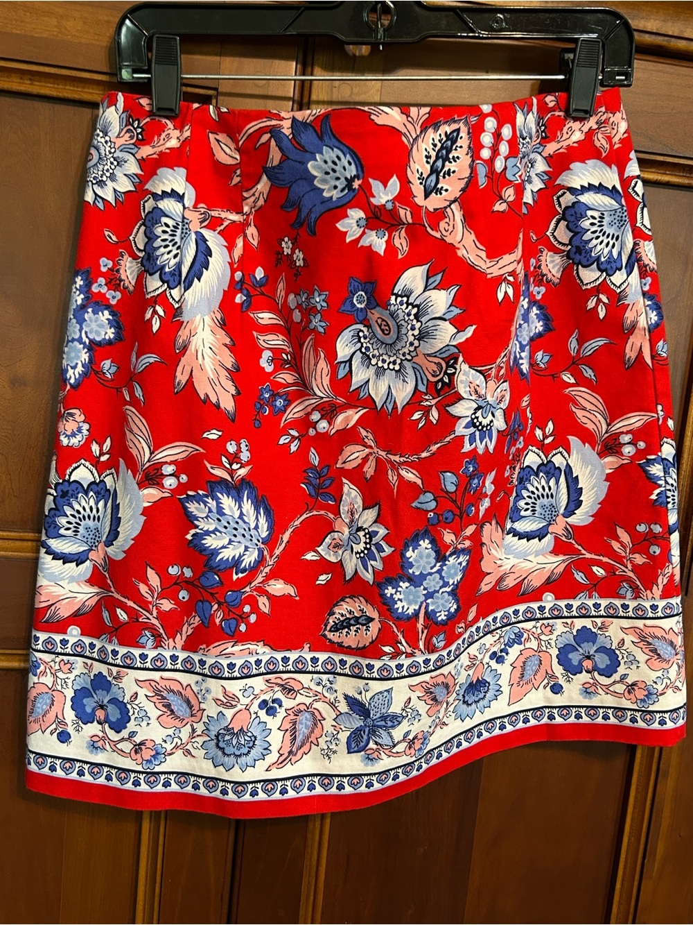 Talbots Red Floral Skirt with Blue and White and Pink Accents. Size 8